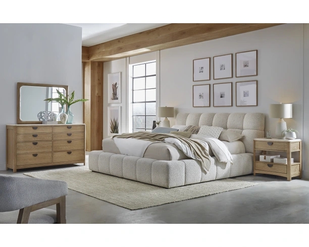 Upholstered Bed Block Tufted Headboard Nubby Texture Coastal Modern