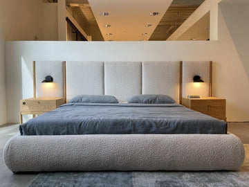 Upholstered Bed, Boucle Texture, Paneled Headboard, Integrated Sconces