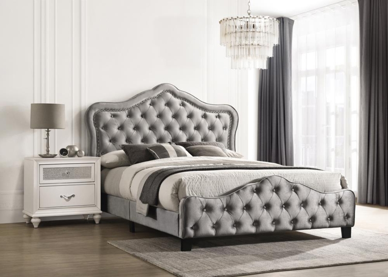 Upholstered Bed Camelback Headboard Glam Grey Velvet-Like Tufted Panel