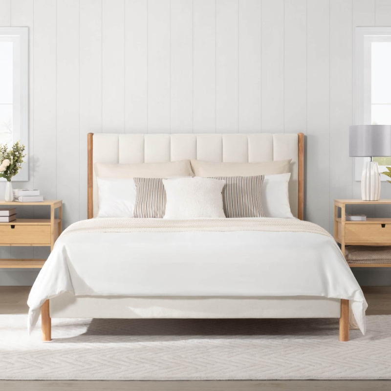 Upholstered Bed, Channeled Headboard, Exposed Wood Frame
