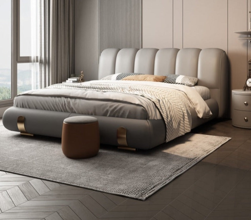Upholstered Bed, Channeled Headboard with Gold Metal Accents, Slate Gray