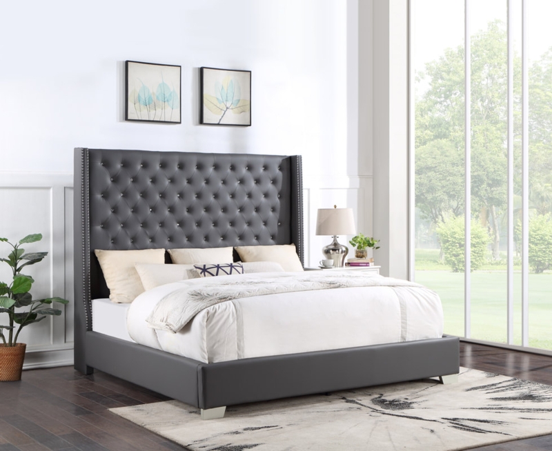 Upholstered Bed: Charcoal Leather-like Wingback with Nailhead Trim