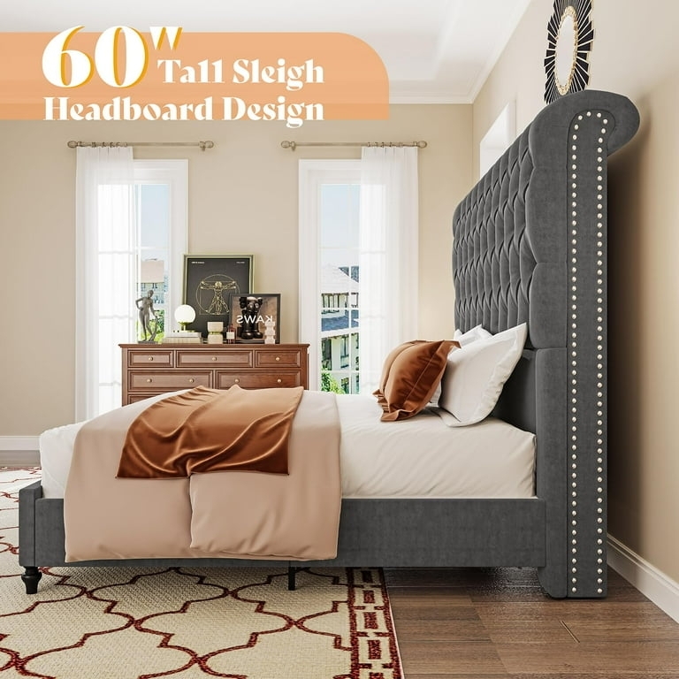 Upholstered Bed Charcoal Velvet Tall Sleigh Headboard