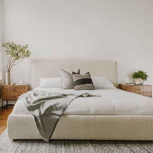Upholstered Bed, Cream Boucle Fabric, High Headboard