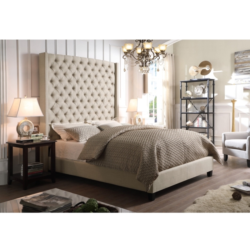 Upholstered Bed Cream Extra High Wingback Diamond Tufted Transitional