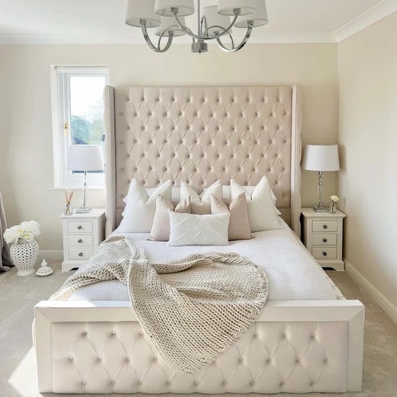 Upholstered Bed Cream Tall Wingback Tufted Footboard Luxury Frame