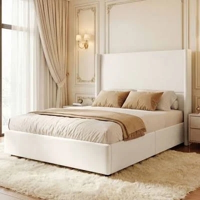 Upholstered Bed Cream Wingback Integrated Storage Drawers Modern Classic