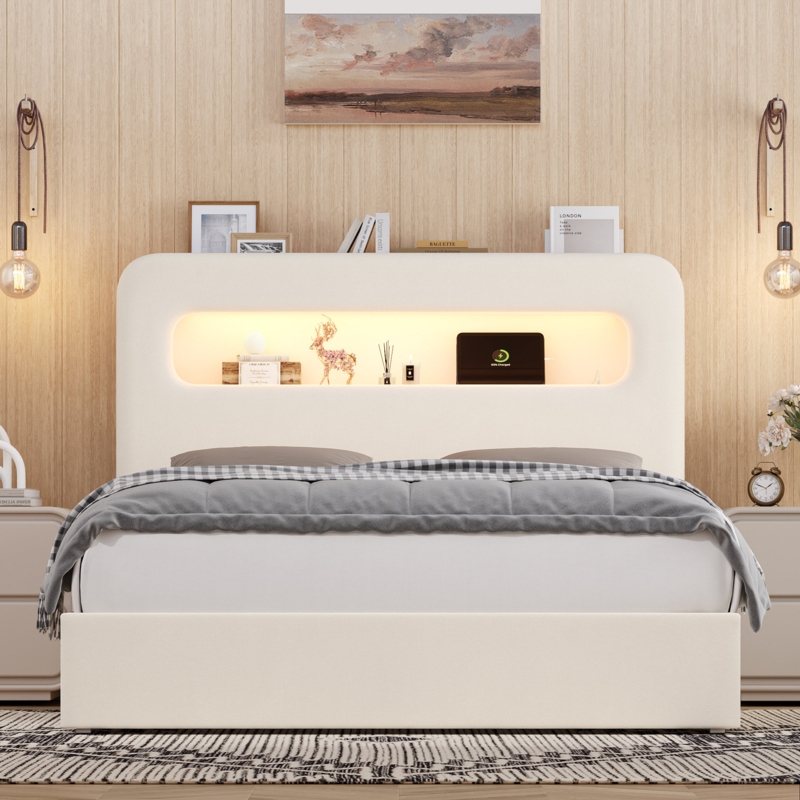 Upholstered Bed, Cream with LED Lit Headboard Shelf and Charging Station