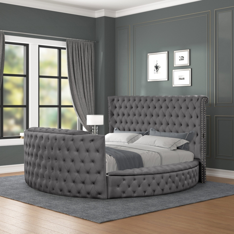 Upholstered Bed Curved Footboard Wingback Diamond Tufting Glam Style