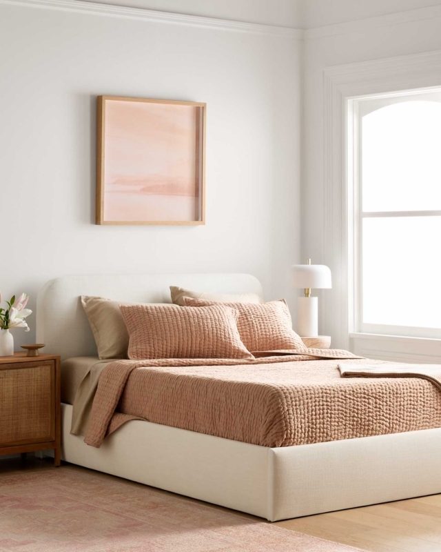 Upholstered Bed Curved Headboard Ivory Linen Like Organic Modern