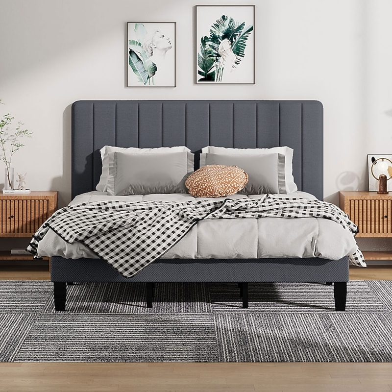 Upholstered Bed Dark Grey Fabric Diamond Tufted Wingback Headboard