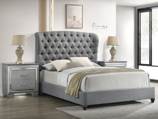 Upholstered Bed: Deep Button Tufted Arched Wingback with Turned Legs
