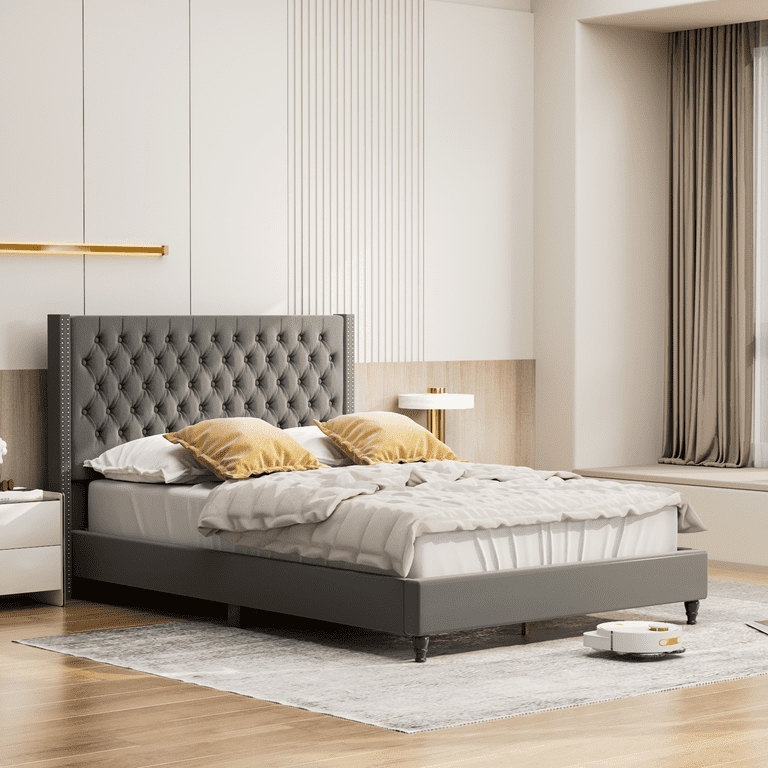 Upholstered Bed Diamond Tufted Low Profile Modern Tapered Legs