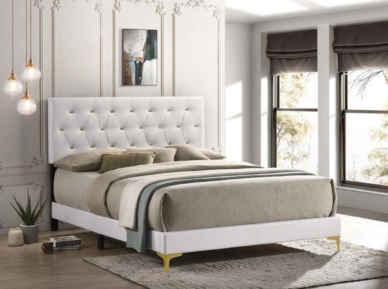 Upholstered Bed Diamond Tufted with Gold Button Accents and Legs