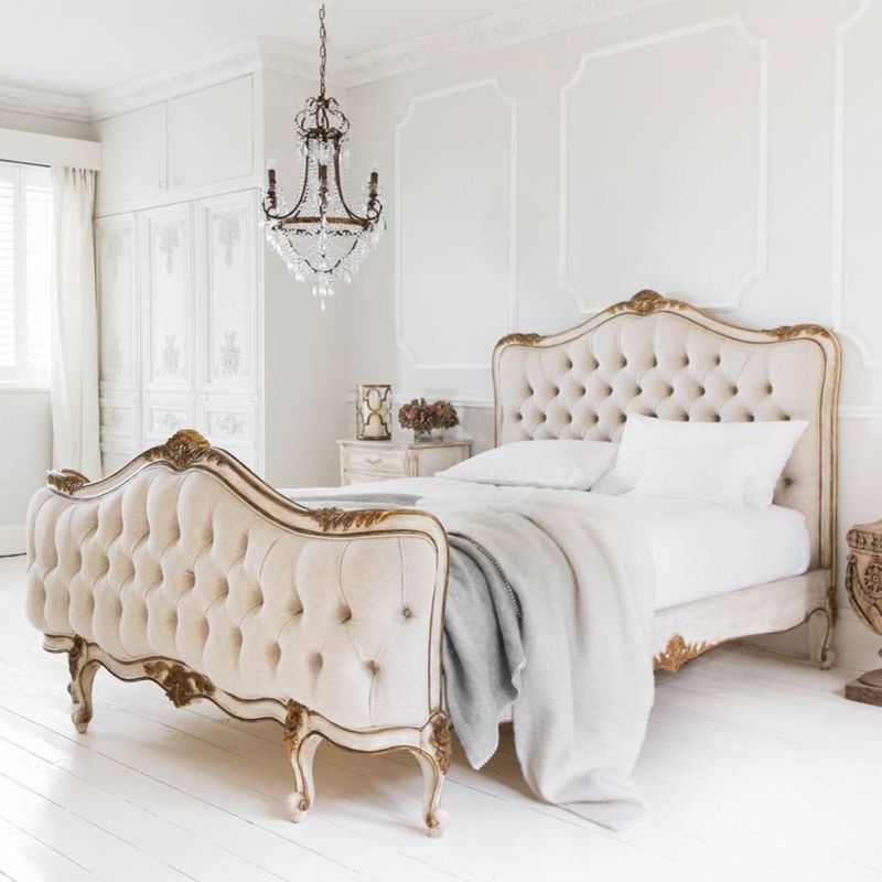 Upholstered Bed Diamond Tufting Distressed Gilt Frame Antique Gold Carved