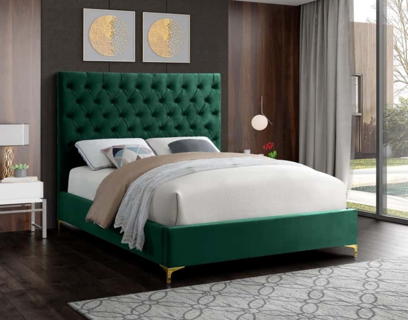 Upholstered Bed, Emerald Green Velvet, Button Tufted, Gold Bracket Legs