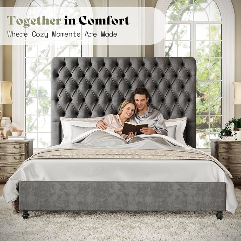 Upholstered Bed Extra Tall Diamond Tufted Headboard in Charcoal Grey