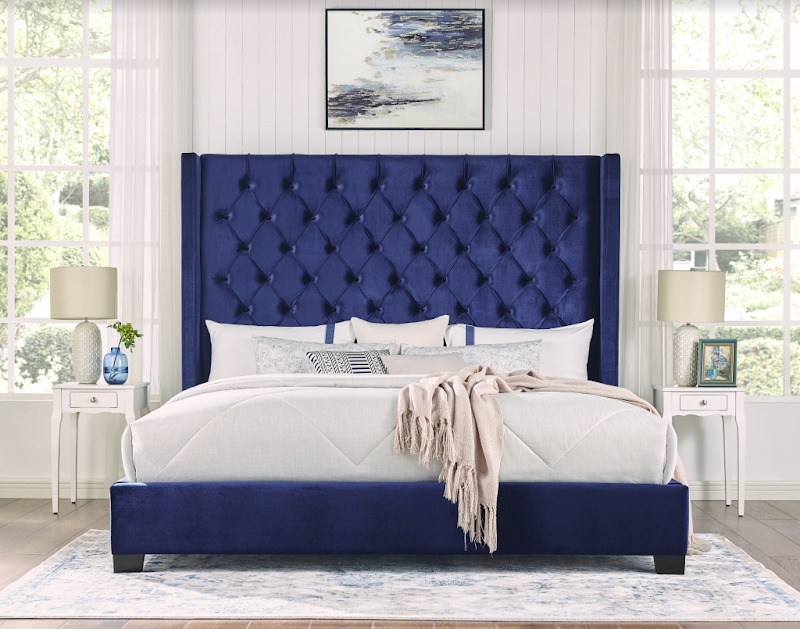 Upholstered Bed, Extra-Tall Wingback in Navy Velvet with Tufting