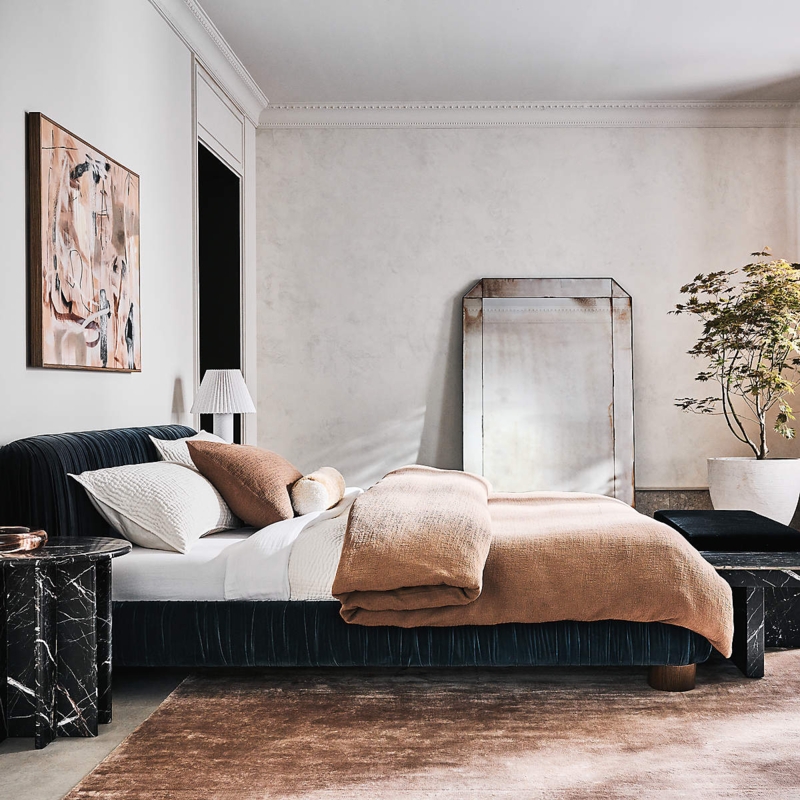 Upholstered Bed featuring Vertical Ribbed Navy Velvet