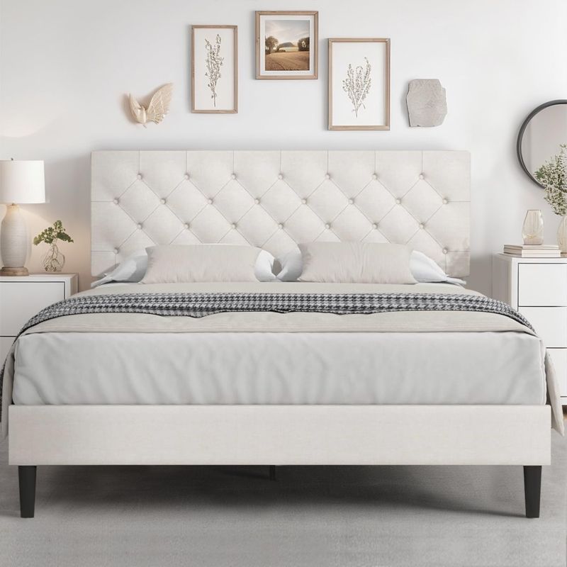 Upholstered Bed Frame, Cream Linen, Button Tufted, Black Tapered Legs