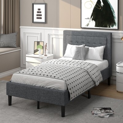 Upholstered Bed Frame Grey Button Tufted Headboard with Tapered Black Legs