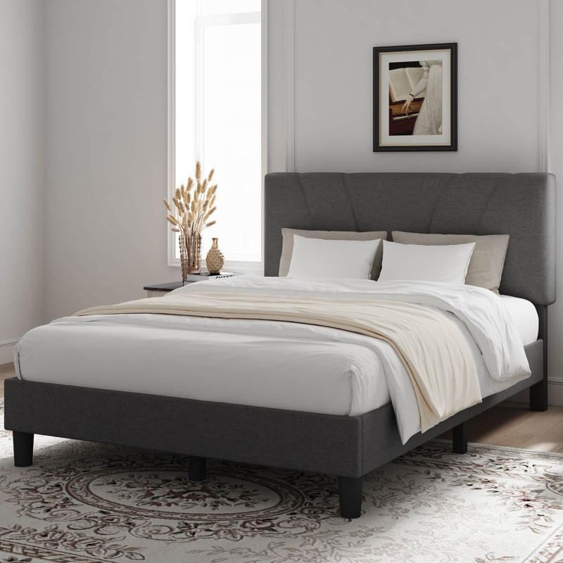 Upholstered Bed Frame Vertical Channel Tufted Headboard Light Beige