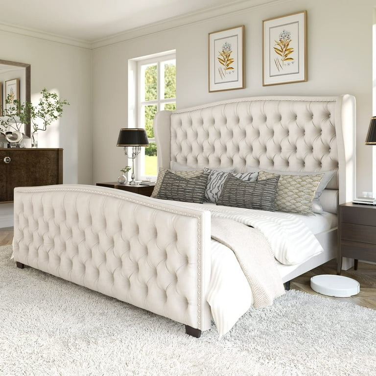 Upholstered Bed Glam with Button Tufting, Nailhead Trim, and Wingback