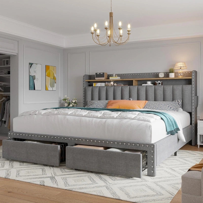 Upholstered Bed, Grey Channel Tufted, Two-Tier Storage Headboard