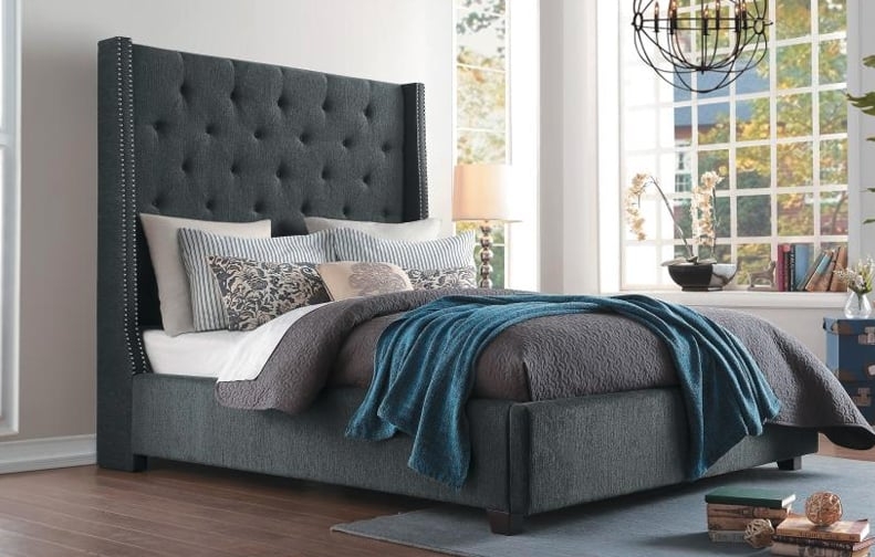 Upholstered Bed Grey Diamond Tufting with Silver Nailhead Trim