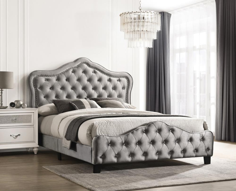 Upholstered Bed Grey Velvet Scrolled Headboard Diamond Tufting