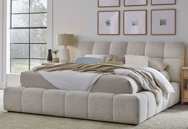 Upholstered Bed in Cream Boucle with Channeled Headboard