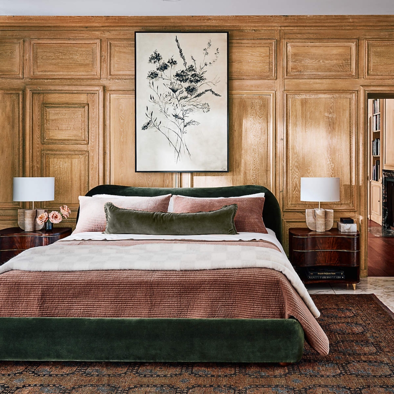 Upholstered Bed in Olive Green Velvet with Curved Headboard