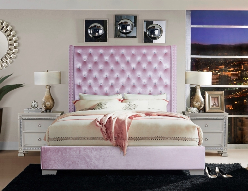 Upholstered Bed in Pink Velvet with Extra-Tall Tufted Headboard