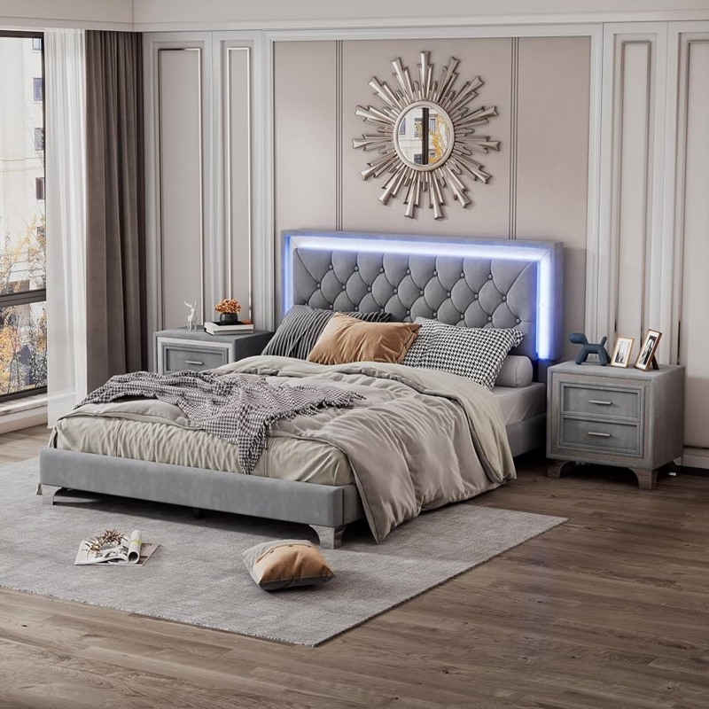 Upholstered Bed LED Headboard Grey Velvet Diamond Tufted