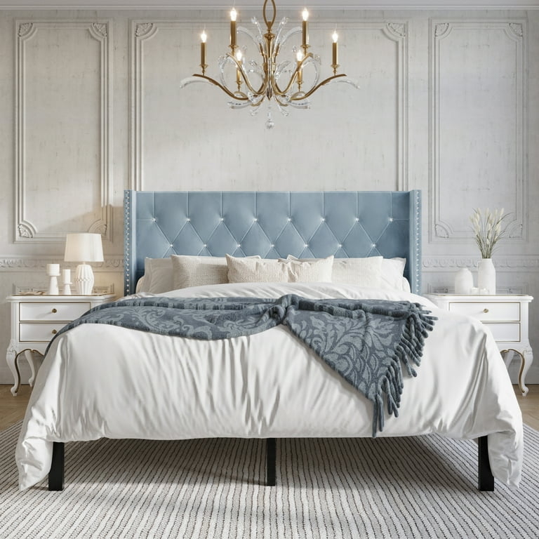 Upholstered Bed, Light Blue Velvet Wingback and Silver Nailhead Trim