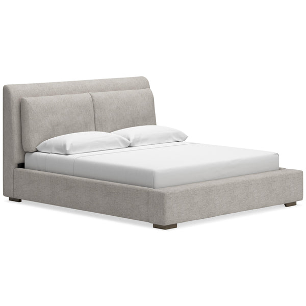 Upholstered Bed Light Gray Pillow-Back Cushioned Headboard Woven Fabric