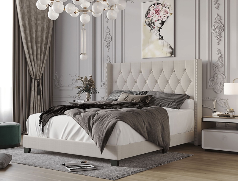 Upholstered Bed Light Gray Wingback Tufted Nailhead Trim