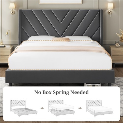 Upholstered Bed Light Grey Wingback Vertical Channel Tufting