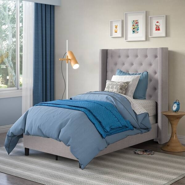 Upholstered Bed Light Grey Winged Headboard Diamond Tufting