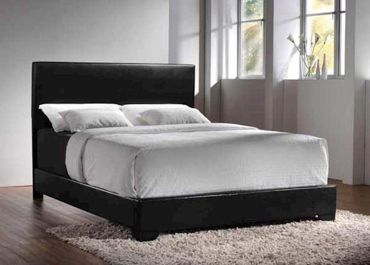 Upholstered Bed Low Profile Modern Black Bed Frame Leather Like Finish