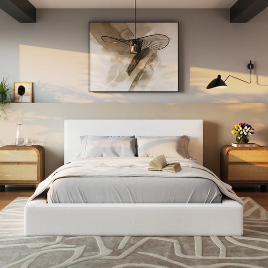 Upholstered Bed: Low Profile Woven Bed Frame in Minimalist White