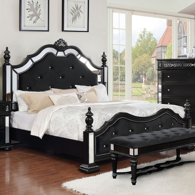 Upholstered Bed Mirrored Panel Inserts Ornate Turned Posts Glam