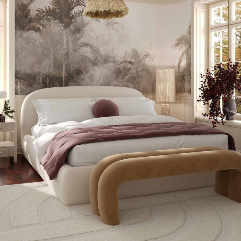 Upholstered Bed: Modern Arched Upholstered Bed in Textured Cream Velvet