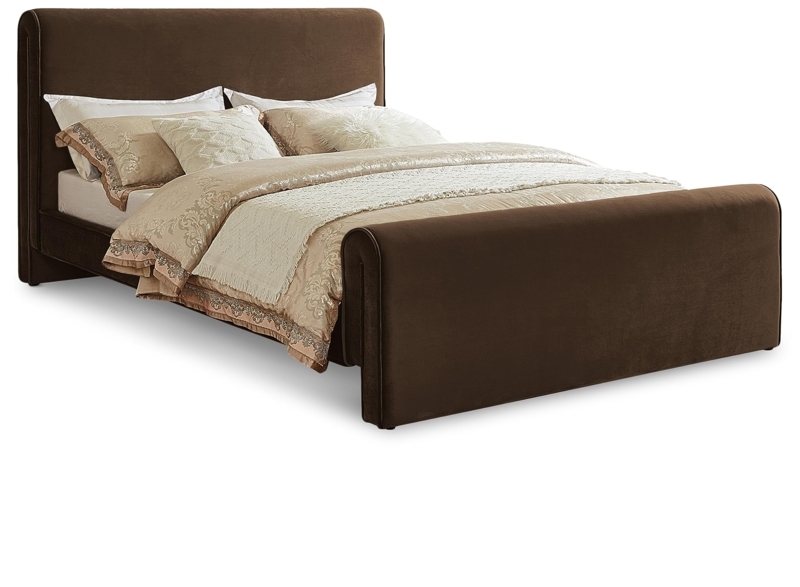 Upholstered Bed, Modern Brown Velvet, Curved Headboard