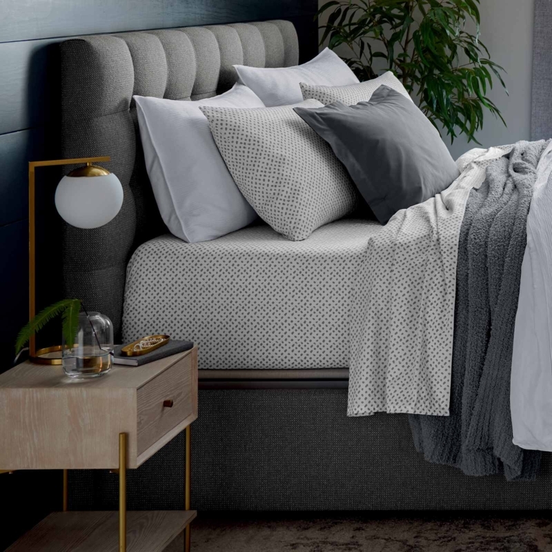 Upholstered Bed, Modern Channel Tufted Headboard, Grey Fabric, Slim Legs