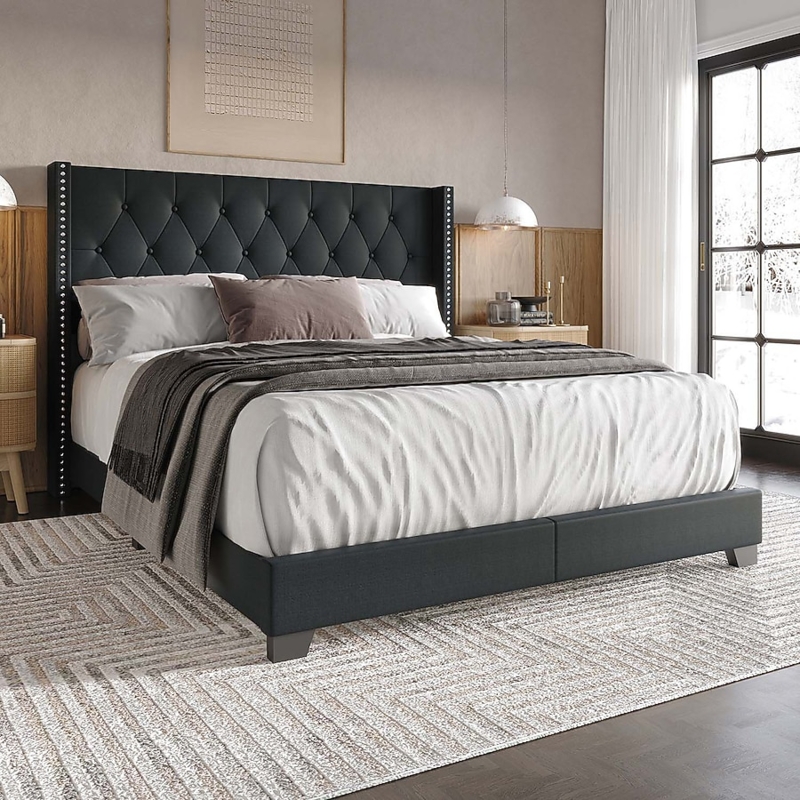 Upholstered Bed Nailhead Trim Wingback Glam Style