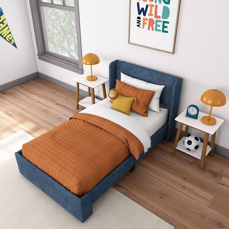 Upholstered Bed Navy Blue Rectangular Headboard Platform Base