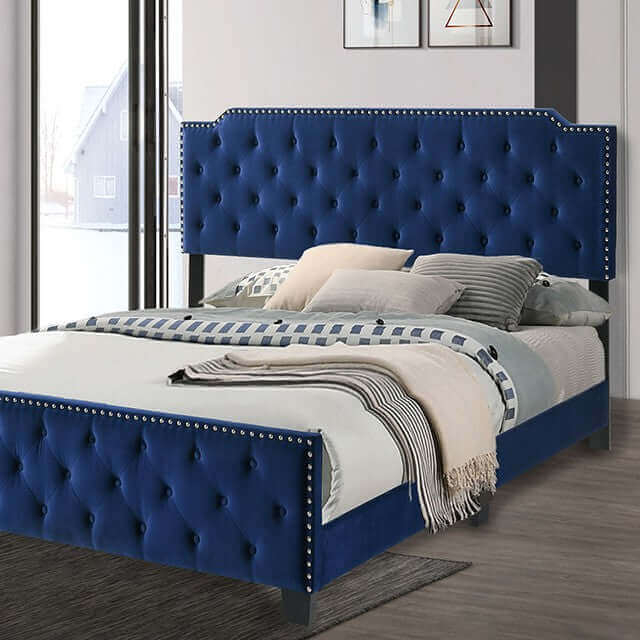 Upholstered Bed Navy Velvet Silver Nailhead Trim Tufted Footboard