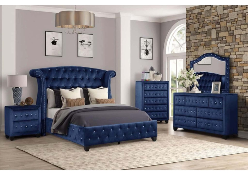 Upholstered Bed Navy Velvet Wingback with Silver Metallic Trim