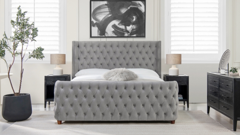 Upholstered Bed Opal Grey Wingback with Rolled Footboard